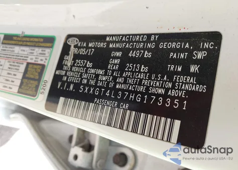 2017 Kia Optima Lx z USA, uszkodzony, nr VIN 5XXGT4L37HG173351